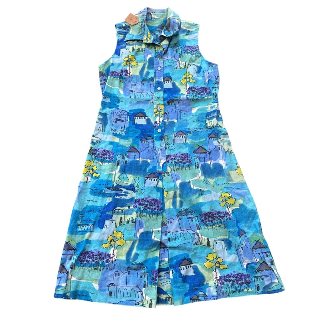 Blue City‎ Scene Sleeveless Button Front Midi Dress Mediterranean Pri small vtg